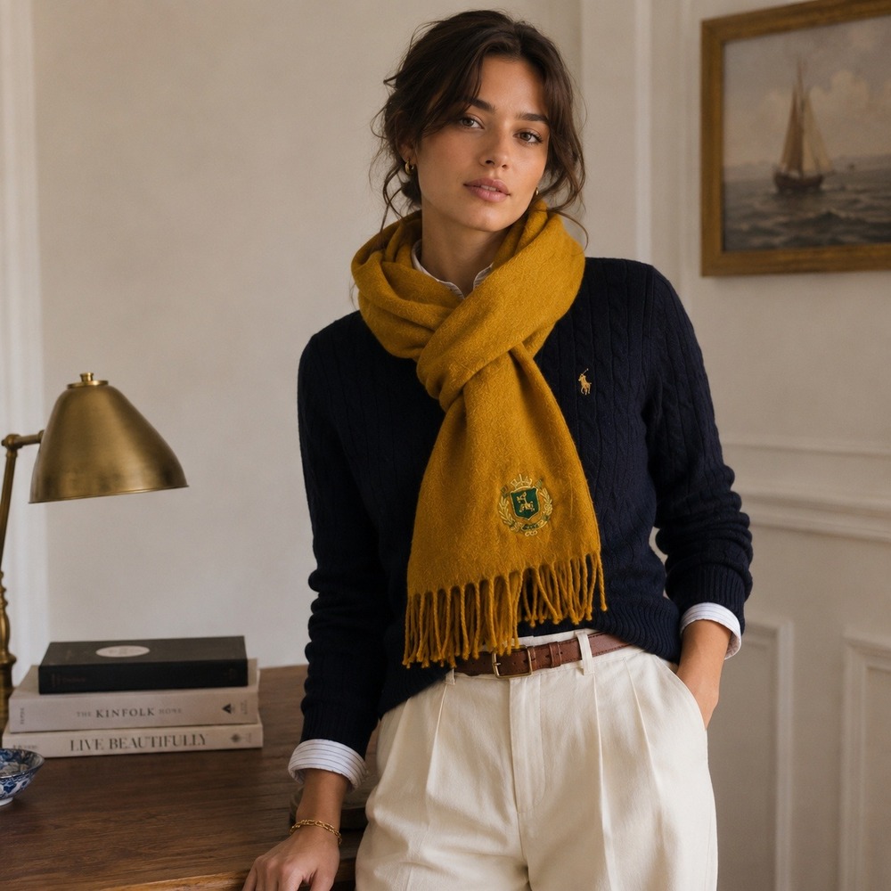 Benetton Vintage Crest Scarf Accessories Womens Mens Mustard Yellow Wool Italy